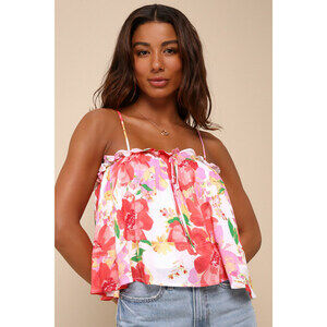 Lulus Lively Cutie Ivory And Pink Floral Print Ruffled Cami Top - Size S